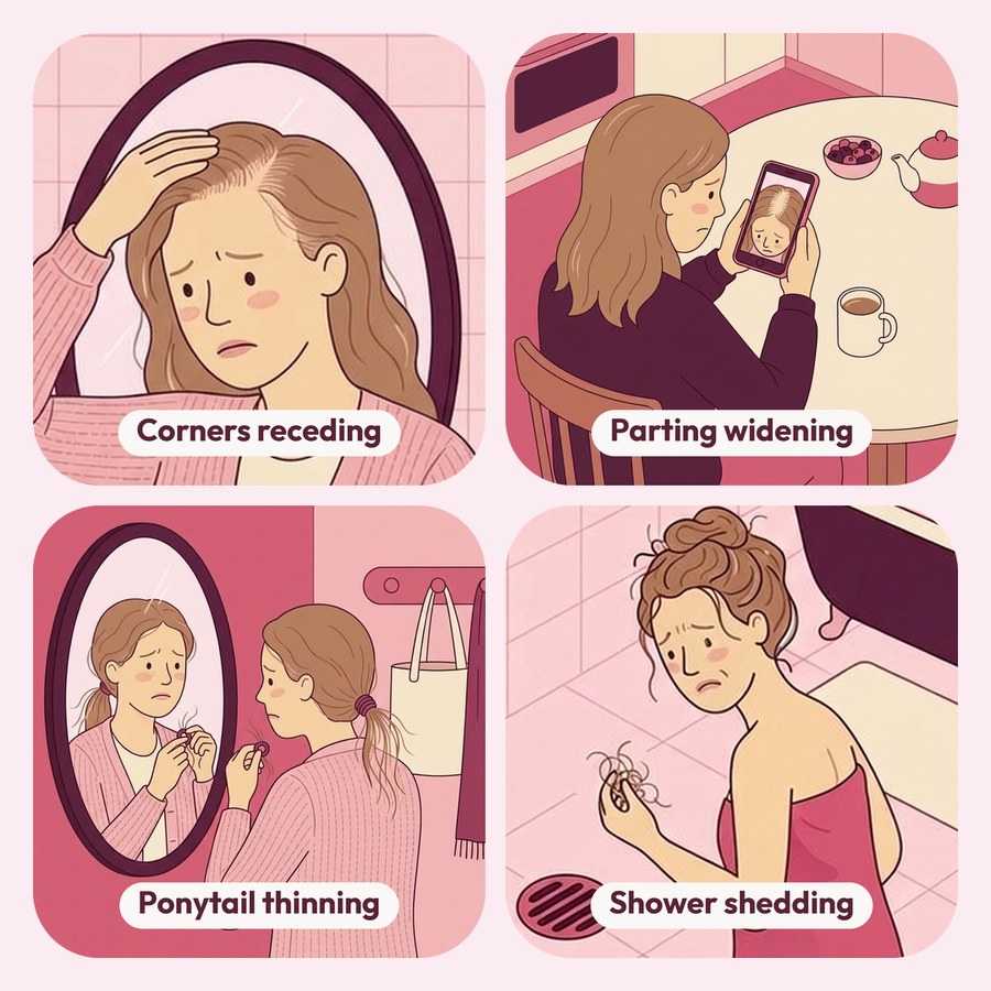 Corners receding, parting widening, ponytail thinning, shower shedding